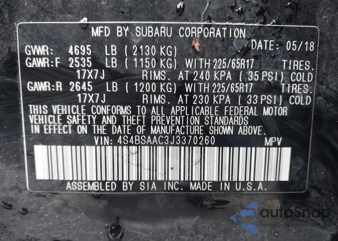 2018 Subaru Outback 2.5I из США, поврежденный, VIN 4S4BSAAC3J3370260